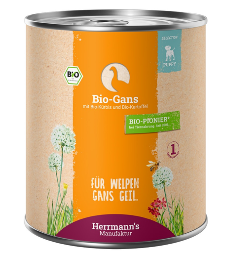 [HM002914] Herrmann's Welpen Menu Dose - Bio-Gans mit Kürbis und Kartoffeln - 800g Hunde Nassfutter für Welpen