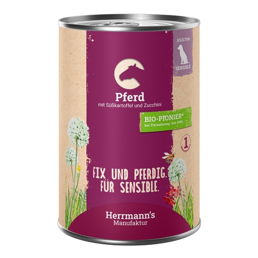 [P0008489] Herrmann's Hunde Dose - Sensible Pferd mit Süßkartoffel und Zucchini - 400g Hunde Nassfutter
