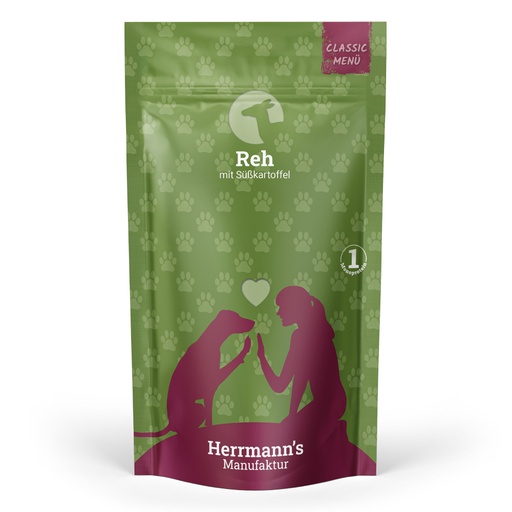 [P0008609] Herrmann's Hunde Pouches - Classic Reh mit Süßkartoffel - 130g Hunde Nassfutter