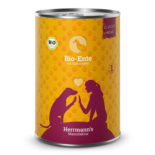 [HM221118] Herrmann's Hunde Dose - Classic Bio-Ente mit Süßkartoffeln - 400g Hunde Nassfutter